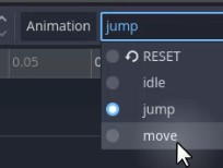 La imatge mostra la interfície del node AnimationPlayer de l'editor Godot, on el menú desplegable "Animació" està obert i mostra una llista d'animacions: "RESET", "inactiu", "salta" i "mou". L'animació de "salt" està seleccionada actualment, indicada per un ressaltat blau i un cercle ple al costat, mentre el cursor del ratolí passa per sobre de l'animació de "mou". Això reflecteix el pas de la lliçó de verificar que les tres animacions necessàries (inactiu, salt i moviment) estan creades correctament i estan disponibles per utilitzar-les en la lògica d'animació basada en l'estat del personatge del jugador.