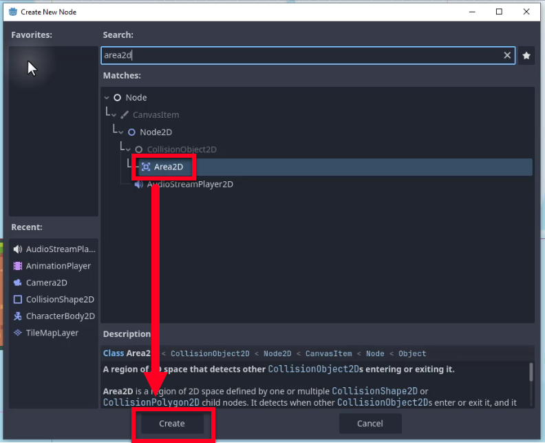 La imatge mostra el diàleg "Crea un nou node" a Godot Engine, on l'usuari ha escrit "area2d" a la barra de cerca; el node "Area2D" està ressaltat a Coincidències, amb una fletxa vermella que apunta al botó "Crea" de sota, indicant que el següent pas és crear una instancia d'aquest node. El tauler de descripció confirma que Area2D és una regió de l'espai 2D que detecta altres CollisionObject2D que entren o surten, cosa que s'alinea amb l'objectiu de la lliçó de crear un enemic que detecti les col·lisions dels jugadors sense bloqueig físic. Aquest pas visual correspon a la creació del node arrel de l'enemic tal com es descriu al tutorial.