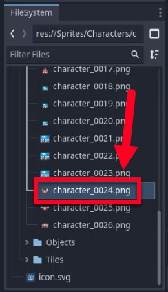 Al moll del sistema de fitxers del motor Godot, l'usuari està navegant per la carpeta "res://Sprites/Characters" per seleccionar un sprite per al personatge enemic; el fitxer "character_0024.png" està ressaltat amb un quadre vermell i assenyalat per una fletxa vermella, que indica que és l'esprit de ratpenat que s'ha d'arrossegar al node enemic tal com es descriu a la lliçó.