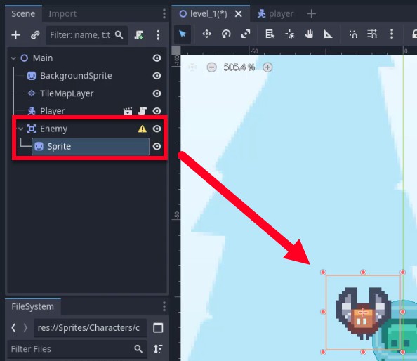 A l'editor de Godot Engine, el moll de l'Escena mostra el node "Enemic" (un Area2D) seleccionat a l'escena "Principal", amb el seu node "Sprite" fill ressaltat en un quadre vermell i assenyalat per una fletxa vermella; el node Sprite mostra un caràcter de ratpenat pixelat a la finestra 2D, que indica que s'ha arrossegat correctament des de la carpeta "res://Sprites/Characters" del sistema de fitxers i s'ha situat a (0, 0), tal com s'indica a la lliçó per a l'alineació correcta.