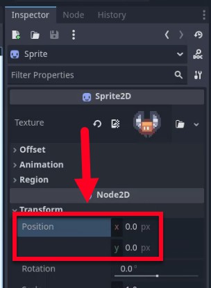 Al tauler Godot Engine Inspector, es mostren les propietats de transformació del node Sprite2D amb la seva Posició establerta a (0,0 px, 0,0 px), ressaltada amb un quadre vermell i una fletxa per emfatitzar el restabliment de la posició del sprite a l'origen per a una alineació adequada dins del node Enemic; aquest pas segueix l'addició de l'esprit ratpenat com a fill del node Area2D i precedeix la configuració de components de col·lisió i animació per al moviment enemic.
