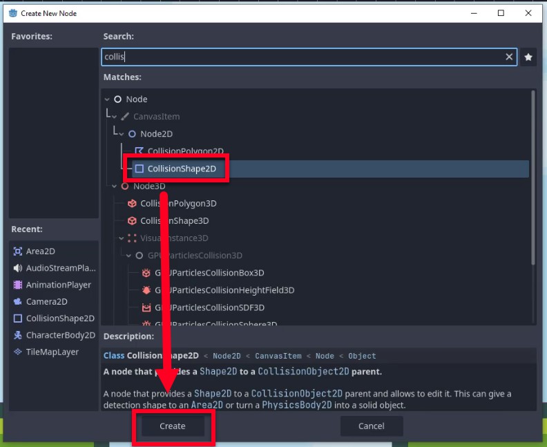 Al diàleg "Crea nou node" del motor Godot, l'usuari ha escrit "collis" a la barra de cerca i el node "CollisionShape2D" es ressalta a Coincidències amb un quadre vermell i una fletxa que l'apunten; a continuació, la seva descripció diu "Un node que proporciona un Shape2D a un pare CollisionObject2D" i una fletxa vermella dirigeix ​​l'atenció al botó "Crea", que indica que el següent pas és afegir aquest node com a fill al node Enemic per definir el seu límit de col·lisió.