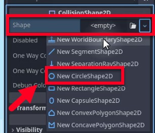 Al panell Godot Engine Inspector, s'està configurant la propietat Shape d'un node CollisionShape2D; el menú desplegable, ressaltat amb un quadre vermell i una fletxa, mostra "<buida>" com a selecció actual, i l'usuari l'ha ampliat per revelar les opcions de forma 2D disponibles, amb "New CircleShape2D" seleccionat i emfatitzat per un quadre vermell i una fletxa. Aquest pas estableix la forma de col·lisió del col·lisionador del node enemic en un cercle, tal com es requereix per detectar col·lisions de jugadors mentre permeten el pas.