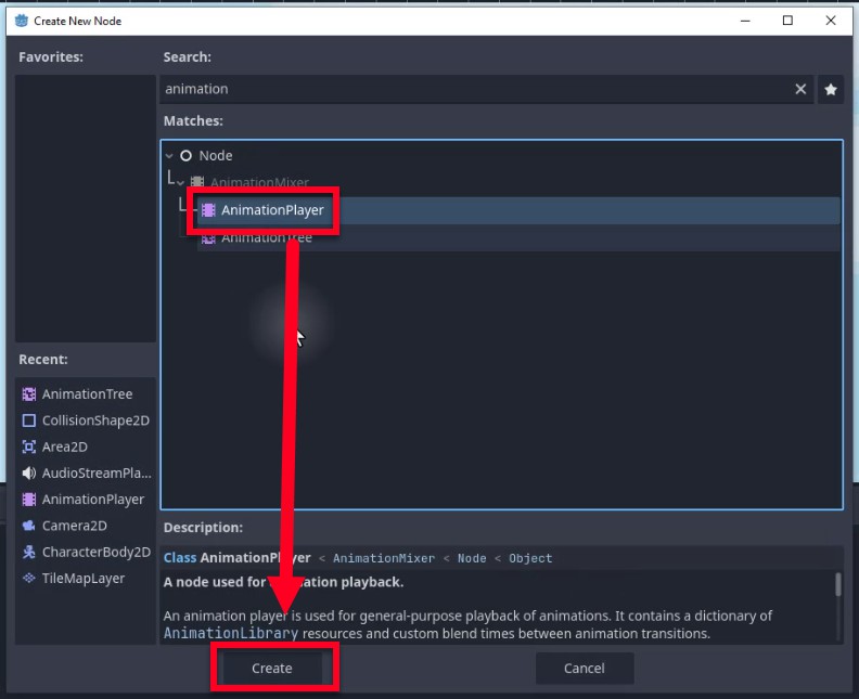 Al diàleg "Crea nou node" del motor Godot, l'usuari ha escrit "animació" a la barra de cerca i el node "AnimationPlayer" està ressaltat a Coincidències amb un quadre vermell i una fletxa que hi apunta; a continuació, la seva descripció diu "Un node que s'utilitza per a la reproducció d'animacions. S'utilitza un reproductor d'animacions per a la reproducció d'animacions de propòsit general. Conté un diccionari de recursos d'AnimationLibrary i temps de combinació personalitzats entre les transicions d'animació", i una fletxa vermella dirigeix ​​l'atenció al botó "Crea", que indica que el següent pas és afegir aquest node com a nen al node d'animació enemic per activar la funció.