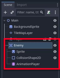 Aquesta imatge mostra el moll de l'escena del motor Godot, que mostra la jerarquia de nodes completada per al personatge enemic a l'escena principal: el node arrel de l'enemic (un Area2D) conté tres nodes secundaris: Sprite (per a la visualització del ratpenat), CollisionShape2D (configurat com a cercle per a la detecció de col·lisions) i AnimationPlayer (per activar animacions). El node Enemic es ressalta amb un quadre vermell, emfatitzant la seva estructura com a base per al moviment enemic i la lògica de col·lisió, tal com es descriu a la lliçó.