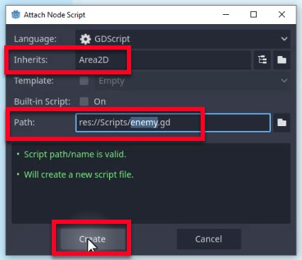 Aquesta imatge mostra el diàleg "Adjuntar script de node" a Godot Engine, on s'està configurant un nou script per a un node Area2D: el camp "Hereta" s'estableix a "Area2D", el camp "Camí" mostra "res://Scripts/enemy.gd" i el botó "Crea" està ressaltat, indicant que l'usuari està a punt de generar l'script que es descriu a la lliçó.