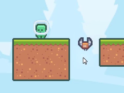 En una escena de joc en 2D d'art de píxels, un personatge d'astronauta verd es troba sobre una plataforma de terra amb herba a la part superior, mentre un petit sprite enemic de ratpenat flota a l'aire entre dues plataformes, indicant el seu camí de patrulla d'anada i tornada; la fletxa del cursor apunta cap al ratpenat, cosa que suggereix la interacció del jugador o la configuració del moviment de l'enemic tal com es descriu a la lliçó per crear un enemic basat en Area2D que detecti col·lisions sense bloqueig físic, utilitzant una CollisionShape2D circular i un AnimationPlayer per al moviment.