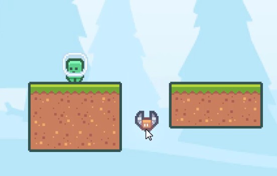En una escena de joc en 2D d'art de píxels, un personatge d'astronauta verd es troba a la plataforma de terra esquerra mentre un petit sprite enemic de ratpenat flota a l'aire entre dues plataformes, il·lustrant el seu camí de patrulla d'anada i tornada; la fletxa del cursor apunta cap al ratpenat, indicant la interacció del jugador o el comportament del moviment de l'enemic tal com es defineix a l'script enemy.gd amb variables exportades com move_direction i move_speed per al moviment controlat.