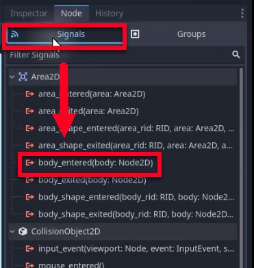 La imatge mostra el tauler Node de Godot amb la pestanya "Señals" seleccionada per a un node Area2D, destacant el senyal body_entered (body: Node2D), que s'activa quan un cos físic entra a l'àrea, com a objectiu per a la connexió a la configuració de detecció de col·lisions enemigas. El context de la lliçó explica que aquest senyal es connectarà a un mètode d'script _on_body_entered(body) que comprova si el cos que entra pertany al grup "Jugador" abans de fer dany. La interfície d'usuari mostra altres senyals relacionats com area_entered i body_shape_entered, però el focus se centra en body_entered com a esdeveniment clau per detectar col·lisions de jugadors.