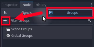 Aquesta imatge mostra el panell Node de Godot amb la pestanya "Grups" seleccionada, destacant la interfície per assignar un node a un grup, concretament el botó més (+) utilitzat per crear un nou grup, que és essencial per etiquetar el node del jugador perquè l'script de col·lisió de l'enemic pugui identificar-lo mitjançant body.is_in_group("Player"); el tauler també mostra les seccions "Grups d'escenes" i "Grups globals" sota la pestanya Grups activa, indicant on apareixeran els grups assignats.