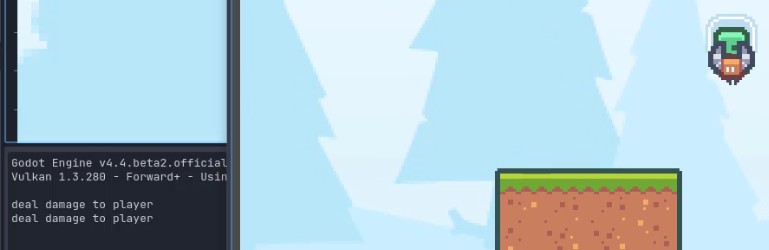 La imatge mostra la consola de sortida de Godot Engine mostrant dues línies de text: "infligir danys al jugador" repetida dues vegades, confirmant que el senyal _on_body_entered de l'enemic ha detectat correctament el jugador i ha executat la lògica de dany del marcador de posició. La capçalera de la consola indica la versió del motor (Godot Engine v4.4.beta2.official) i el backend de renderització (Vulkan 1.3.280 - Forward+). A la vista del joc, una escena d'art de píxels inclou un bloc de terra amb herba a la part superior i siluetes d'arbres blaus febles al fons; una petita icona a l'extrem superior dret sembla que representa el jugador o el node enemic, d'acord amb la prova de detecció de col·lisions tal com es descriu a la lliçó.