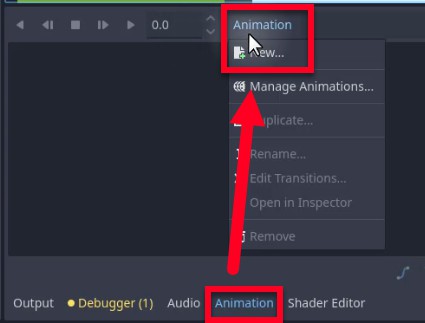 Aquesta imatge mostra el tauler inferior de Godot amb la pestanya "Animació" seleccionada i un menú contextual obert des del node AnimationPlayer (anteriorment destacat a la imatge 6), on s'està seleccionant l'opció "Nou...", que indica que l'usuari està a punt de crear un nou actiu d'animació per al node enemic, que pot visualitzar el dany o el comportament de detecció provocat pel senyal body_entered; la fletxa vermella emfatitza aquesta acció com a part de la configuració de la retroalimentació visual per al sistema de detecció de col·lisions descrit a la lliçó.