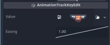 Aquesta imatge mostra el tauler AnimationTrackKeyEdit de Godot, on s'està editant un valor de fotograma clau per a una pista d'animació, específicament el camp "Valor" mostra una petita miniatura de sprite (probablement representa l'estat visual de l'enemic) al costat d'un valor numèric "1.00" i un gràfic de corba suavitzant a sota, que indica aquesta propietat o escala d'intensitat possiblement amb un control d'intensitat total. interpolació lineal; aquest pas segueix la configuració de l'animació de "volar" de l'enemic i la inserció d'un fotograma clau a 0,3 segons per definir el seu comportament durant la detecció de col·lisions.
