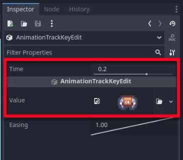 Aquesta imatge mostra el tauler d'inspector de Godot centrat en la interfície AnimationTrackKeyEdit, on les propietats d'un fotograma clau s'estan editant per a una pista d'animació, concretament el camp "Temps" s'estableix en 0,2 segons, i el camp "Valor" mostra una miniatura de sprite (que representa l'estat visual animat) al costat d'un valor numèric i un gràfic que indica a sota. comportament d'interpolació per a aquest fotograma clau a la seqüència d'animació de l'enemic.