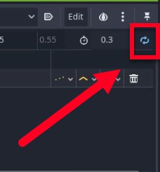 Aquesta imatge mostra l'editor de la línia de temps d'AnimationPlayer de Godot, destacant el botó de commutació de bucle (una icona de fletxa circular tancada en un quadre vermell i assenyalada per una fletxa vermella) que s'utilitza per permetre el bucle continu de la pista d'animació a la marca de 0,3 segons, probablement per a l'animació "vola" de l'enemic configurada per respondre visualment quan es detecta el jugador.