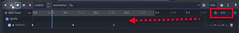 Aquesta imatge mostra l'editor de la línia de temps d'AnimationPlayer de Godot, on el botó de commutació de bucle (una icona de fletxa circular tancada en un quadre vermell i assenyalada per una fletxa vermella) es destaca a la marca de 0,4 segons a la pista d'animació per a l'animació "volar"; la pista s'etiqueta "textura" sota el node "Sprite", cosa que indica que s'està inserint un fotograma clau per animar la textura de l'esprit en aquest moment, continuant la configuració del comportament visual de l'enemic com a part de la lliçó de detecció de col·lisions.