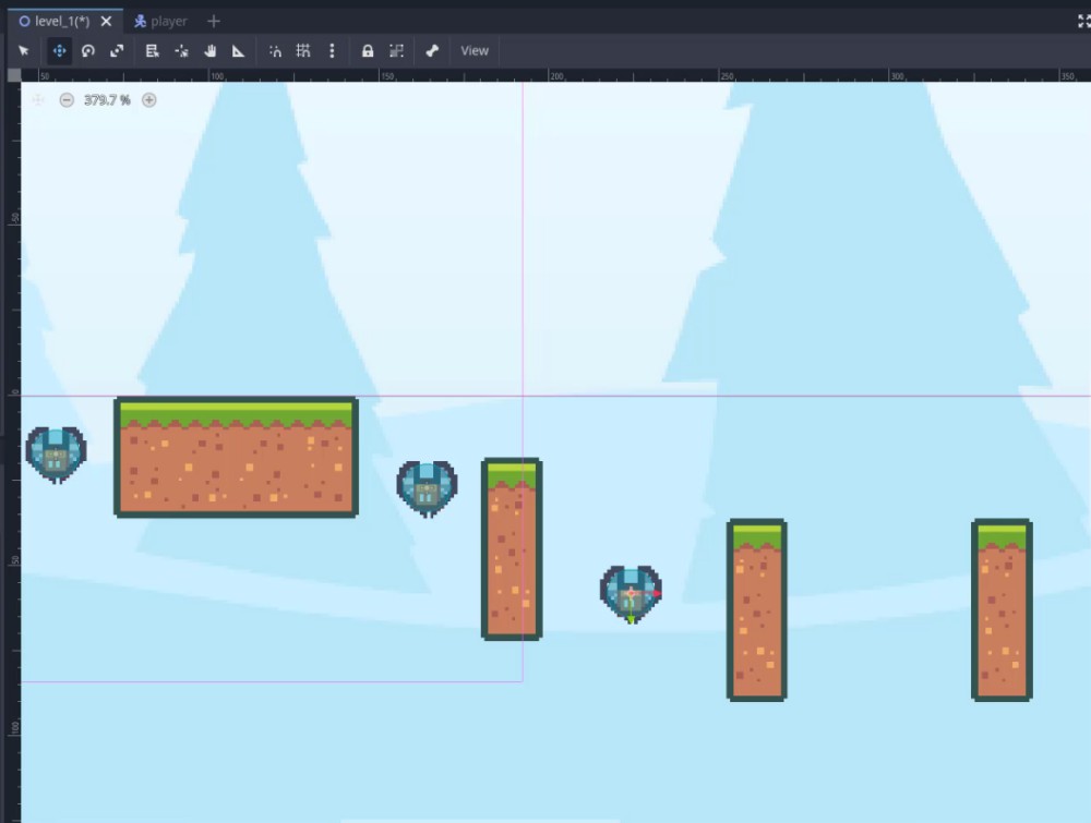 Aquesta imatge mostra l'editor d'escenes en 2D de Godot amb l'escena "level_1.tscn" oberta, que mostra un personatge del jugador (un sprite en forma de cor) situat entre diverses plataformes de terra rectangulars amb cims d'herba; el jugador està seleccionat i ressaltat amb un quadre delimitador verd i un aparell de transformació, que indica que s'està editant o provant en el context de la implementació de mecàniques de salut i danys. Concretament, això es prepara per provar els danys provocats per col·lisions dels enemics que eventualment cridaran player.take_damage(1) i restabliran l'escena mitjançant game_over() quan la salut arribi a zero.