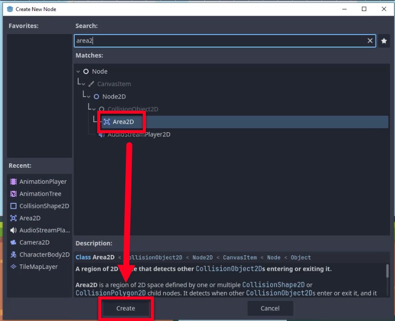 La imatge mostra el diàleg "Crea un nou node" a Godot Engine, on l'usuari està buscant i seleccionant el node "Area2D" per crear un objecte moneda per a un joc en 2D; el camp de cerca conté "àrea2" i "Area2D" es destaca a Coincidències amb la seva descripció que indica que és una regió de l'espai 2D que detecta altres CollisionObject2D que entren o surten, rellevant per configurar la detecció de col·lisions de la moneda tal com es descriu a la lliçó. Una fletxa vermella apunta des de l'"Area2D" seleccionat al botó "Crea", que indica el següent pas per crear una instancia del node. El tauler Recent també mostra "Area2D", confirmant el seu ús recent. Això s'alinea amb les instruccions del tutorial per començar creant un node Area2D anomenat "Coin" com a arrel de l'escena de la moneda.