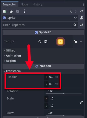 Aquesta imatge mostra el tauler Godot Engine Inspector centrat en un node Sprite2D dins de l'escena Coin, destacant la secció Transform on la propietat Posició s'estableix a (x: 0,0 px, y: 0,0 px), tal com s'indica a la lliçó per centrar l'esprit de la moneda; una fletxa i un quadre vermells emfatitzen aquesta configuració, confirmant l'alineació amb el pas del tutorial per col·locar el node Sprite a l'origen abans d'afegir animacions o formes de col·lisió.