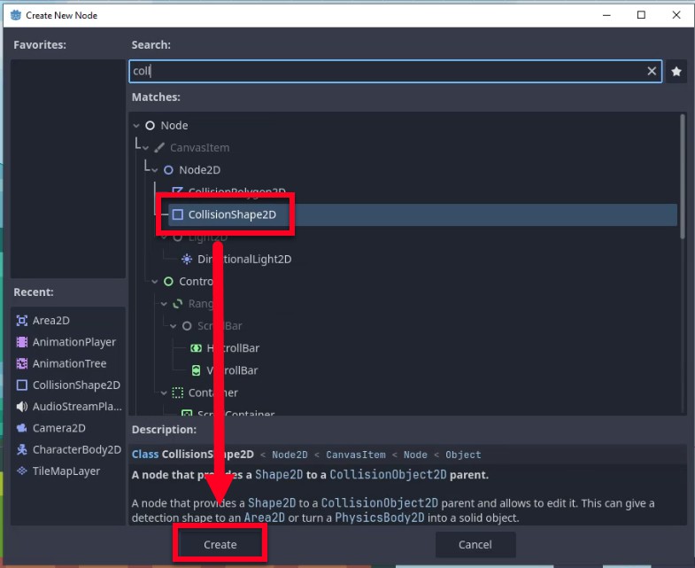 Aquesta imatge mostra el diàleg "Crea nou node" del motor Godot, on l'usuari ha escrit "col" al camp de cerca i seleccionat "CollisionShape2D" de la llista de coincidències, un pas necessari per afegir la detecció de col·lisions al node Coin tal com es descriu a la lliçó; El tauler Descripció següent explica que CollisionShape2D proporciona un Shape2D a un pare CollisionObject2D, que permet la interacció amb els nodes Area2D o PhysicsBody2D, i una fletxa vermella apunta des del node seleccionat al botó "Crea" ressaltat, que indica la següent acció per instància del node.