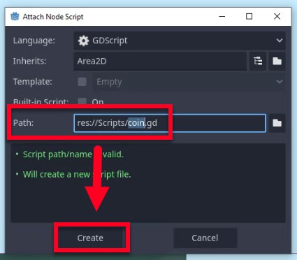 Aquesta imatge mostra el diàleg "Adjunta l'script del node" a Godot Engine, on s'està creant un nou GDScript per al node Coin; el camp Ruta mostra "res://Scripts/coin.gd", indicant que l'script es desarà a la carpeta Scripts amb aquest nom de fitxer, i dos missatges d'estat verd confirmen que la ruta és vàlida i es crearà un fitxer nou; una fletxa vermella apunta des del camp Camí fins al botó "Crea" ressaltat, indicant el següent pas per generar el fitxer de script com a part de la configuració de la lògica d'animació de la moneda.