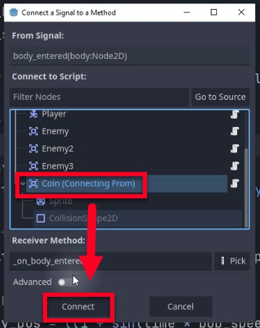 Aquesta imatge mostra el diàleg "Connecta un senyal a un mètode" de Godot, on el senyal body_entered(body: Node2D) del node Coin s'està connectant al seu propi mètode _on_body_entered; el node Coin està seleccionat a "Connecta a l'script" i el botó "Connecta" es ressalta amb un quadre vermell i una fletxa, que indica el pas final per establir la connexió del senyal com a part de la configuració de la gestió de col·lisions de monedes.