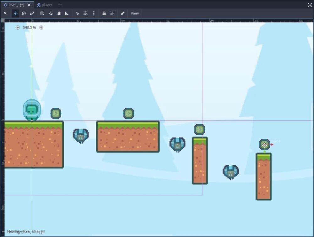 Aquesta imatge mostra l'editor d'escenes en 2D del Godot Engine que mostra level_1.tscn, on un personatge d'un jugador d'art de píxels es troba en una plataforma de terra al costat de múltiples nodes de monedes i pastilles de cor, disposats en plataformes flotants sobre un fons blau clar amb siluetes d'arbres estilitzades; l'escena s'amplia al 345,2% i el node del jugador es selecciona al tauler Escena (indicat per la seva icona i nom), mentre que les monedes es col·loquen com a objectes de col·lecció per activar-se mitjançant la detecció de col·lisions body_entered, d'acord amb l'objectiu de la lliçó de configurar la funcionalitat d'augment de la puntuació en la col·lisió del jugador-moneda, encara que aquí no hi ha cap codi o sortida de consola visible.