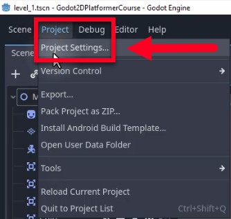 La imatge mostra la interfície del motor Godot amb el menú "Projecte" obert, destacant l'opció "Configuració del projecte...", que s'està seleccionant per configurar els paràmetres de tot el projecte, específicament per configurar un script de càrrega automàtica (singleton) anomenat PlayerStats per al seguiment de la puntuació persistent a través de les escenes, tal com es descriu a la lliçó. El títol de la finestra indica que el fitxer d'escena actual és "level_1.tscn" dins d'un projecte "Godot2DPlatformerCourse". No hi ha cap codi ni sortida de consola visible; el focus és navegar per la interfície d'usuari per accedir a la configuració del projecte, un pas necessari abans d'afegir l'script de càrrega automàtica a la pestanya Globals.