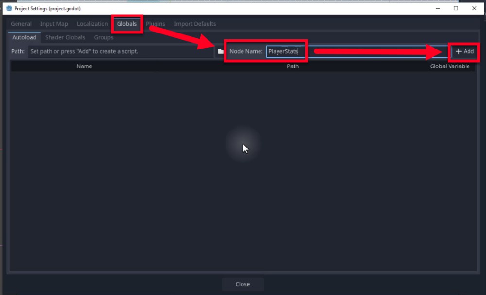 Aquesta imatge mostra la finestra de configuració del projecte del motor Godot, concretament la pestanya Globals, on s'està configurant un script de càrrega automàtica per a dades de joc persistents. El camp Nom del node conté "PlayerStats", que s'utilitzarà per accedir a l'script singleton a través de les escenes. Una fletxa vermella apunta des de la pestanya Globals a l'entrada del nom del node i després al botó "+ Afegeix", que indica els passos per registrar l'script com a càrrega automàtica. Aquesta configuració permet que l'script PlayerStats.gd mantingui una variable de puntuació global que persisteix en les transicions de nivell, tal com es descriu a la lliçó.