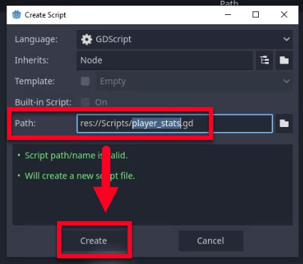 Aquesta imatge mostra el diàleg "Crea un script" del motor Godot, on s'està creant un fitxer GDScript nou per a dades de joc persistents. El camp Ruta mostra "res://Scripts/player_stats.gd", indicant que l'script es desarà a la carpeta Scripts amb aquest nom de fitxer. A continuació, dos missatges de validació verd confirmen que el camí és vàlid i es crearà un nou fitxer d'script. Una fletxa vermella apunta des del camp Camí fins al botó "Crea" ressaltat, posant èmfasi en el pas final per generar el fitxer de script com a part de la configuració del singleton de PlayerStats per a la persistència de la puntuació entre escenes.