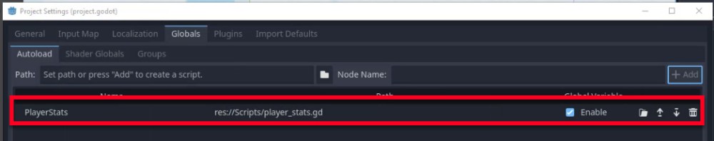 Aquesta imatge mostra la finestra de configuració del projecte del motor Godot a la pestanya Globals, que mostra l'script de càrrega automàtica afegit amb èxit anomenat "PlayerStats", que està configurat per carregar el fitxer de seqüència de comandaments a la ruta "res://Scripts/player_stats.gd" i està habilitat per utilitzar-lo a totes les escenes. Aquesta configuració singleton permet un seguiment de la puntuació persistent tal com es descriu a la lliçó, amb controls visibles per activar/desactivar o gestionar l'entrada de càrrega automàtica.