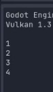 Aquesta imatge mostra la sortida de la consola Godot Engine que confirma que el joc s'està executant amb Vulkan 1.3, seguit d'una seqüència de números (1, 2, 3, 4), impresos en línies separades, que demostra que el sistema de puntuació persistent (implementat mitjançant l'script de càrrega automàtica de PlayerStats) augmenta correctament i conserva el seu valor durant els reinicis de l'escena, com s'esperava quan es recullen monedes d'esdeveniments del joc.