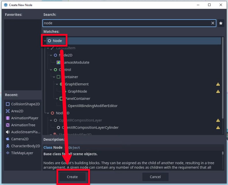 Aquesta imatge mostra el diàleg "Crea un nou node" de Godot, on l'usuari ha escrit "node" a la barra de cerca i seleccionat la classe genèrica "Node" de la llista de coincidències; una fletxa vermella destaca aquesta selecció apuntant cap avall al botó "Crea", indicant el pas per crear una instancia d'un nou node buit, rellevant per organitzar la jerarquia de l'escena mitjançant la creació de contenidors principals com "Monedes" i "Enemics", tal com es descriu a la lliçó.