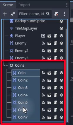 Aquesta imatge mostra el tauler Escena de Godot després d'organitzar la jerarquia: s'ha creat un nou node principal anomenat "Monedes" i ara conté set nodes secundaris etiquetats Coin a Coin7, demostrant visualment l'agrupació d'objectes monedes sota un únic contenidor per millorar la gestió de l'escena tal com es descriu a la lliçó.