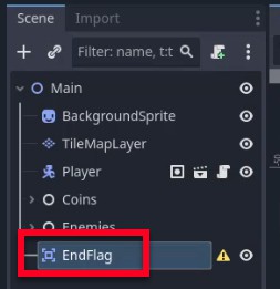 Aquesta imatge mostra el tauler Escena de Godot amb el node "EndFlag" recentment creat ressaltat en vermell, situat sota el node arrel "Principal" al costat de BackgroundSprite, TileMapLayer, Player, Coins i Enemies; el node EndFlag està seleccionat i mostra una icona d'advertència, que indica que pot requerir una configuració addicional, com ara adjuntar un script o afegir nodes secundaris com un Sprite i CollisionShape2D, tal com es descriu a la lliçó per configurar l'activador de finalització de nivell.