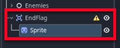 Al tauler Escena de Godot, el node "EndFlag" s'amplia per revelar el seu node "Sprite" fill, tots dos destacats dins d'un rectangle vermell; el node EndFlag mostra una icona d'advertència que indica que pot requerir més configuració, mentre que el node Sprite es col·loca com a fill directe a EndFlag, reflectint la configuració de l'objecte de la bandera final amb el seu component visual tal com es descriu a la lliçó.