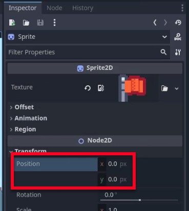 Al panell Inspector de Godot, el node Sprite seleccionat sota l'EndFlag es mostra amb les seves propietats de transformació expandides; els camps de posició es ressalten en un quadre vermell, mostrant x: 0,0 px i y: 0,0 px, confirmant que l'origen del sprite està centrat a (0,0) en relació al seu node EndFlag pare, tal com s'indica per a l'alineació adequada del component visual de la bandera final.