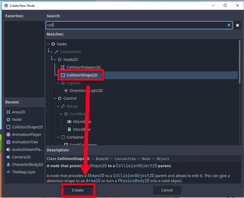 Al diàleg "Crea nou node" de Godot, l'usuari ha escrit "col" a la barra de cerca i el node "CollisionShape2D" està seleccionat a la categoria Node2D; una fletxa vermella apunta des d'aquesta selecció fins al botó "Crea", que indica el pas per crear una instancia de CollisionShape2D com a fill del node EndFlag per definir el seu límit de col·lisió. El tauler de descripció següent confirma que és un node que proporciona un Shape2D a un pare CollisionObject2D, que permet la detecció del comportament d'Area2D o de la física sòlida.