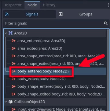Al tauler Inspector de Godot, a la pestanya "Señals" del node Area2D, el senyal "body_entered(body: Node2D)" es ressalta amb un quadre vermell i s'assenyala amb una fletxa vermella, que indica que és el senyal seleccionat per connectar-se per detectar quan un cos físic entra a l'àrea. Això s'utilitzarà a l'script end_flag.gd per activar transicions d'escena quan el jugador arribi a la bandera.