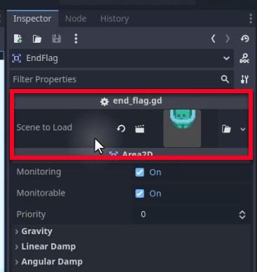 Al panell Inspector de Godot, el node "EndFlag" seleccionat mostra el seu script adjunt "end_flag.gd" sota la propietat "Escena per carregar", que es ressalta amb un rectangle vermell; aquest camp permet especificar la següent escena a la qual passarà quan el jugador arriba a la bandera, i inclou icones per editar el guió, visualitzar-ne la documentació i seleccionar un fitxer d'escena mitjançant la icona de carpeta, que indica la fase de configuració per gestionar la lògica de finalització del nivell.