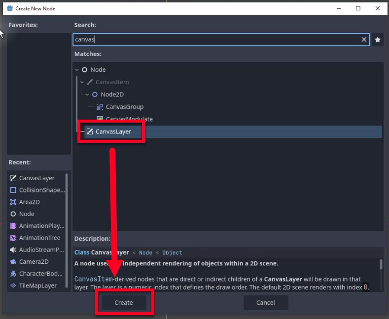 La imatge mostra el diàleg "Crea un nou node" en un editor de motors de jocs, on l'usuari ha escrit "llenç" a la barra de cerca i seleccionat "CanvasLayer" de la llista de coincidències; una fletxa vermella apunta des del CanvasLayer seleccionat al botó "Crea" de sota, indicant que el següent pas és crear una instancia d'aquest node. El tauler de descripció confirma que CanvasLayer és un node que s'utilitza per a la representació independent d'objectes d'escena 2D, assenyalant que els fills derivats de CanvasItem es representaran dins d'ell mitjançant un índex de capa numèrica (0 per defecte). Això s'alinea amb l'objectiu de la lliçó de configurar una interfície d'usuari mitjançant la creació d'un CanvasLayer per mantenir els elements de salut i puntuació que romanen fixats a la pantalla independentment del moviment de la càmera de joc.