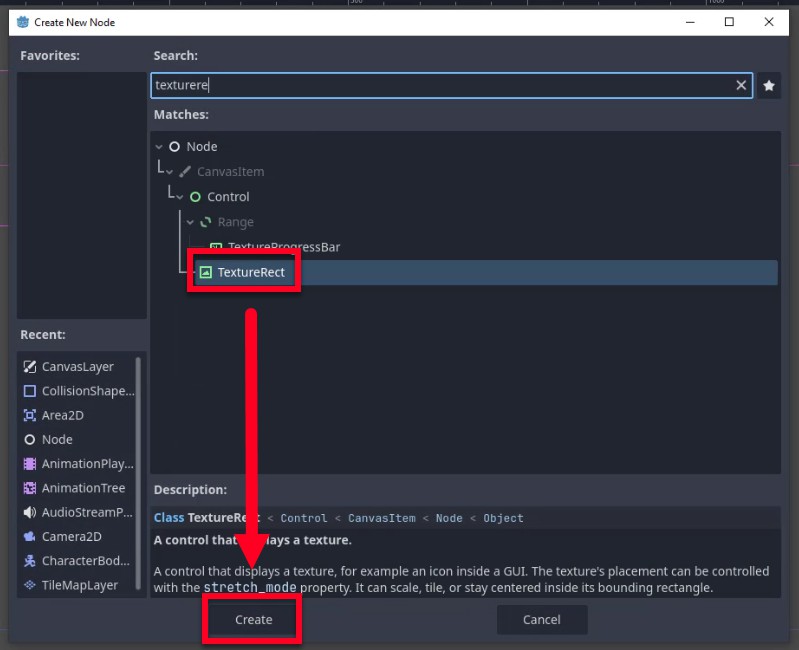 Al diàleg "Crea un nou node" d'un editor de motor de joc, l'usuari ha escrit "textura" a la barra de cerca i seleccionat "TextureRect" de les coincidències a la categoria Control; una fletxa vermella apunta des del TextureRect ressaltat fins al botó "Crea" a continuació, indicant que el següent pas és crear una instancia d'aquest node com a part de la creació de la pantalla de salut de la interfície d'usuari, que després passarà a anomenar-se "Cor" i se li assignarà una textura de cor des de la carpeta Sprites/Objectes.