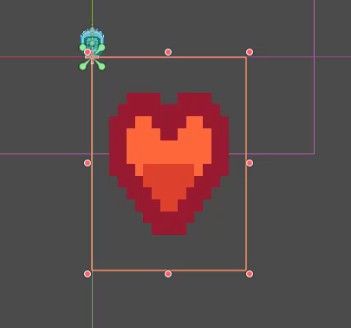 A la finestra 2D de l'editor del motor del joc, es mostra una textura de cor amb art de píxels dins d'un node TextureRect seleccionat anomenat "Cor", que està imbricat sota un CanvasLayer per a la representació d'IU; el cor apareix de mida correcta a 80 x 80 píxels tal com s'ha configurat a la secció Disseny de l'inspector > Transformació, i el seu quadre delimitador amb nanses de canvi de mida confirma que està activament seleccionat per editar-lo; a sobre del cor, hi ha una petita icona de node verd (probablement el CanvasLayer o el contenidor principal), que indica l'estructura jeràrquica, mentre que les línies de quadrícula tènues i les guies d'alineació suggereixen que l'escena s'està preparant per a la disposició de la interfície d'usuari, d'acord amb l'objectiu de la lliçó de configurar una pantalla de salut mitjançant TextureRects gestionat per un HBoxContainer.