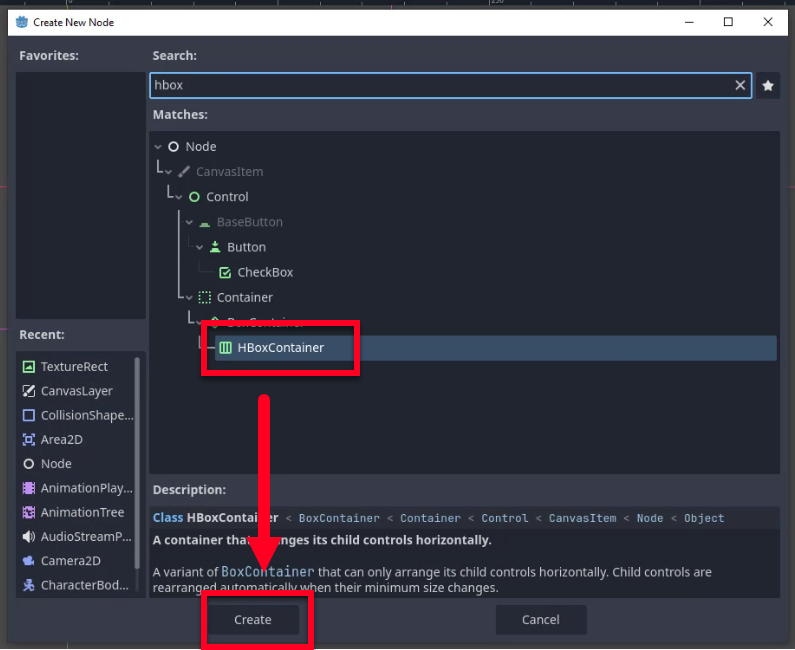 Al diàleg "Crea un nou node" d'un editor de motor de joc, l'usuari ha escrit "hbox" a la barra de cerca i seleccionat "HBoxContainer" de les coincidències a la categoria Control; una fletxa vermella apunta des de l'HBoxContainer ressaltat fins al botó "Crea" a continuació, que indica que el següent pas és crear una instancia d'aquest node contenidor per organitzar automàticament els elements de la interfície d'usuari secundaris horitzontalment, específicament per gestionar diverses icones de cor a la pantalla de salut tal com es descriu a la lliçó.