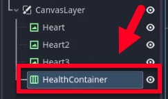 La imatge mostra el tauler de l'arbre d'escenes d'un editor de motors de jocs, destacant el node HBoxContainer acabat de crear anomenat "HealthContainer", que és un fill de CanvasLayer i situat a sota de tres nodes TextureRect existents etiquetats "Heart", "Heart2" i "Heart3". Una fletxa vermella assenyala el node HealthContainer, emfatitzant la seva selecció com el següent pas per organitzar els elements de la interfície d'usuari de salut. Això reflecteix la instrucció de la lliçó per crear i canviar el nom de l'HBoxContainer a CanvasLayer per alinear automàticament les icones del cor horitzontalment, amb els passos posteriors que inclouen arrossegar-hi els nodes del cor i ajustar-ne el mode d'expansió per a un disseny adequat.