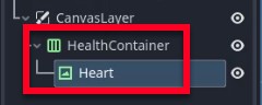 La imatge mostra el tauler d'arbre d'escenes d'un motor de joc, destacant l'estructura jeràrquica on un node anomenat "HealthContainer" (un HBoxContainer) està imbricat a "CanvasLayer" i conté un node secundari anomenat "Heart" (un TextureRect), que il·lustra el pas de la lliçó per organitzar els elements de salut de la IU dins d'un contenidor per a l'alineació horitzontal automàtica.