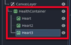 La imatge mostra el tauler d'arbre d'escenes d'un motor de joc, destacant l'estructura jeràrquica on el node "HealthContainer" (un HBoxContainer) està imbricat a "CanvasLayer" i conté tres nodes secundaris: "Heart", "Heart2" i "Heart3", tots ells nodes de TextureRect que representen cors de salut individuals a la IU; això reflecteix el pas de la lliçó de duplicar el node Heart per crear diversos cors gestionats automàticament per HBoxContainer per a l'alineació horitzontal.