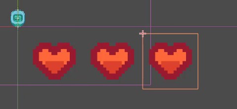 A la finestra 2D del motor del joc, es mostren tres icones de cor amb art de píxels una al costat de l'altra sota un CanvasLayer, cadascuna representada mitjançant un node TextureRect anomenat "Heart", "Heart2" i "Heart3", tots relacionats amb un HBoxContainer anomenat "HealthContainer"; el cor més a la dreta està seleccionat, indicat per un quadre delimitador taronja i mànecs de canvi de mida, mostrant que està preparat per a la duplicació o l'ajust com a part de la configuració de la interfície d'usuari de salut, amb HealthContainer assegurant l'alineació horitzontal i la mida coherent (80x80 píxels) tal com s'ha configurat als passos anteriors.