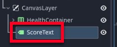 La imatge mostra el tauler de l'arbre d'escenes d'un motor de joc, destacant el node "ScoreText" (un node Label) imbricat sota el "CanvasLayer" i situat a sota del node "HealthContainer"; això reflecteix la instrucció de la lliçó per crear una visualització de text per a la puntuació del jugador com a part de la IU, sent "ScoreText" el nom designat per al node Label que mostrarà el valor de la puntuació.