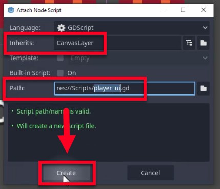 Aquesta imatge mostra el diàleg "Adjunta l'script del node" en un editor de motor de joc, on l'usuari està configurant un nou GDScript per a un node. L'script està configurat per heretar de "CanvasLayer", tal com es destaca en un quadre vermell, assegurant que funciona dins de la capa d'IU. El camí del fitxer de l'script s'especifica com a "res://Scripts/player_ui.gd", també inclòs en un quadre vermell, que indica on es desarà l'script. A continuació, dos missatges d'estat verd confirmen que la ruta de l'script és vàlida i que es crearà un fitxer de script nou. Una gran fletxa vermella apunta cap avall al botó "Crea", que es mostra de manera semblant en vermell, indicant el pas final per generar el fitxer d'script. Aquesta configuració s'alinea amb l'objectiu de la lliçó de crear un sistema d'IU connectant la lògica al node CanvasLayer.